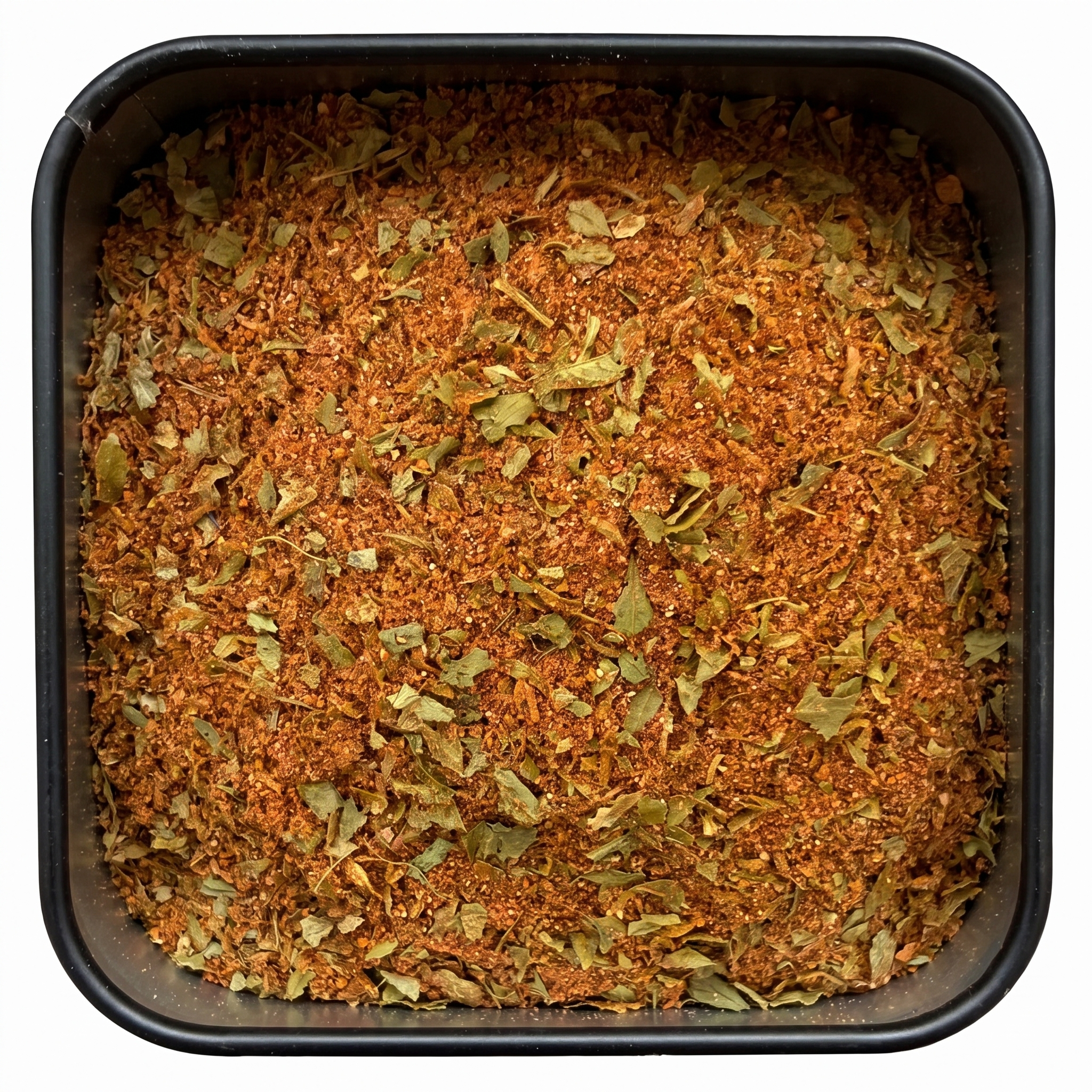 Spicy King, feurige orange-braune Gewürzmischung mit grünen Petersilienblättern, in schwarzer Dose