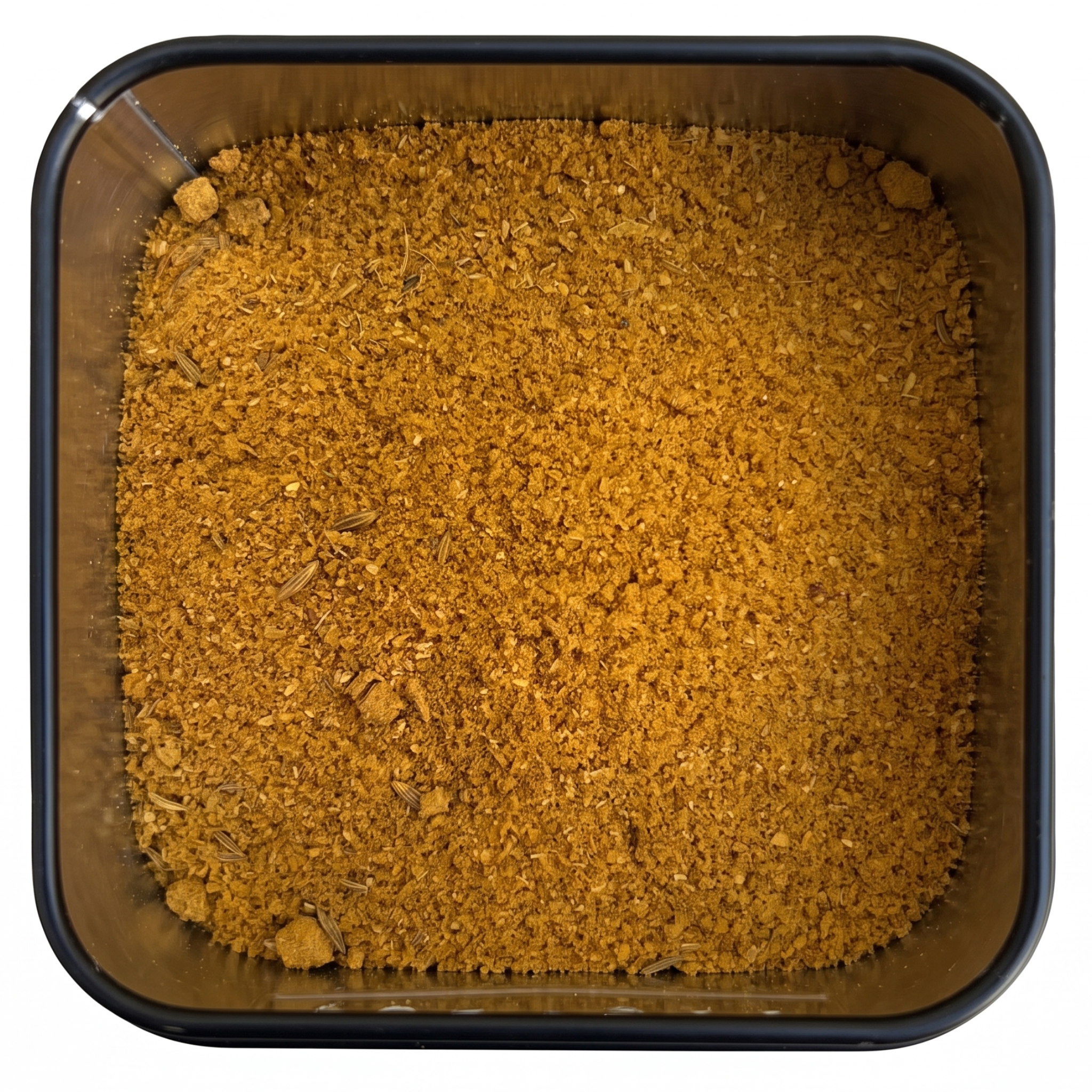 Indische Linsen-Gewürzmischung, kräftig gelb-oranges Currypulver, in schwarzer Gewürzdose, warm-würzig