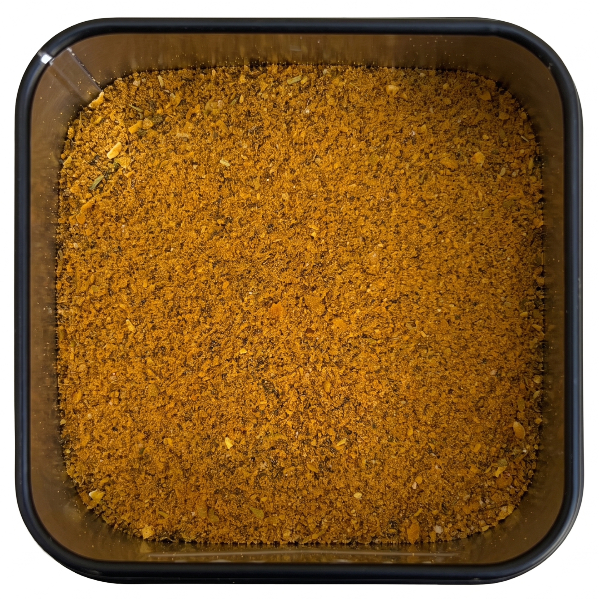 Paellagewürz, kräftig gelb-oranges Gewürzpulver, in schwarzer Gewürzdose, würzig-mediterranes Aroma.