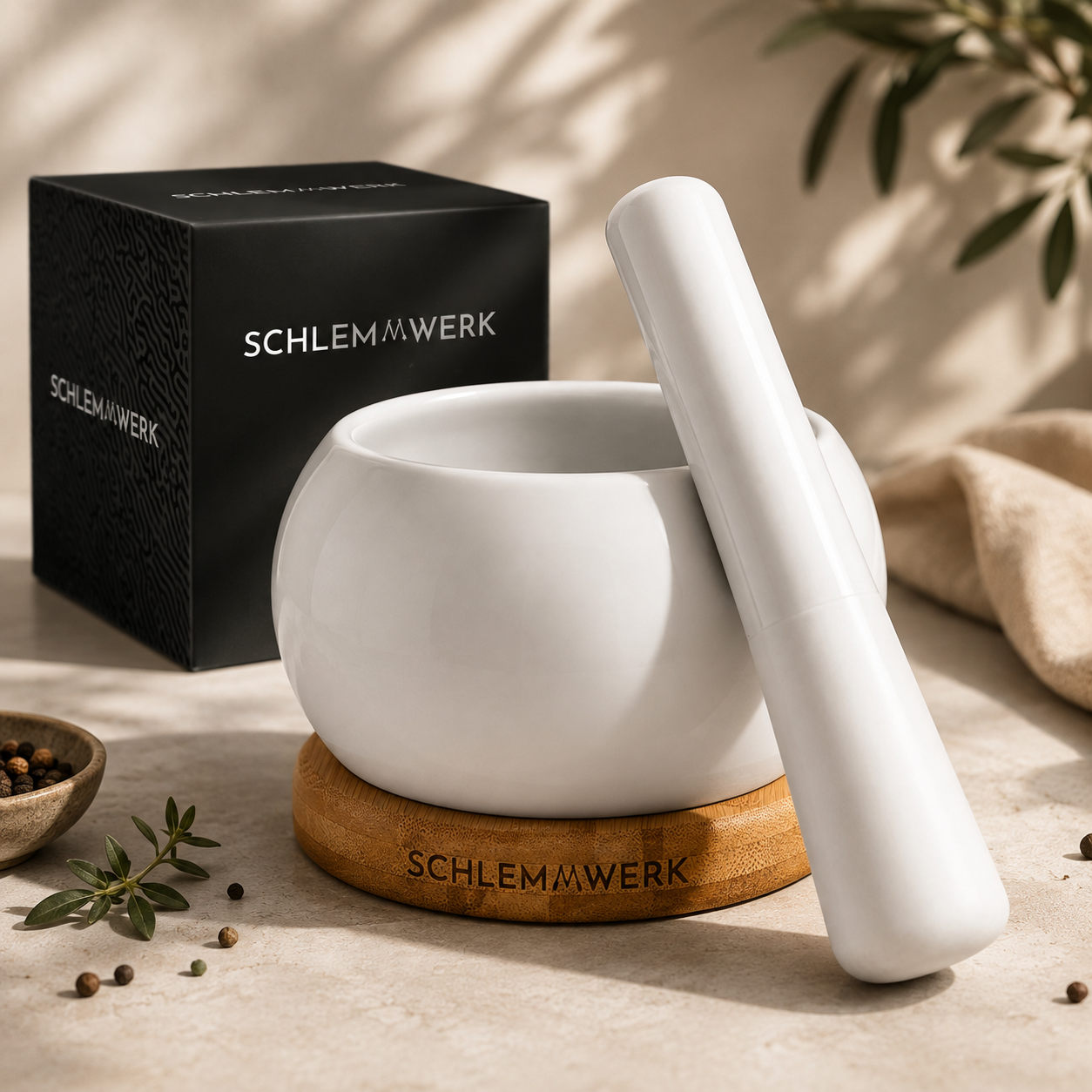 Premium Keramikmörser-Set mit Bambussockel