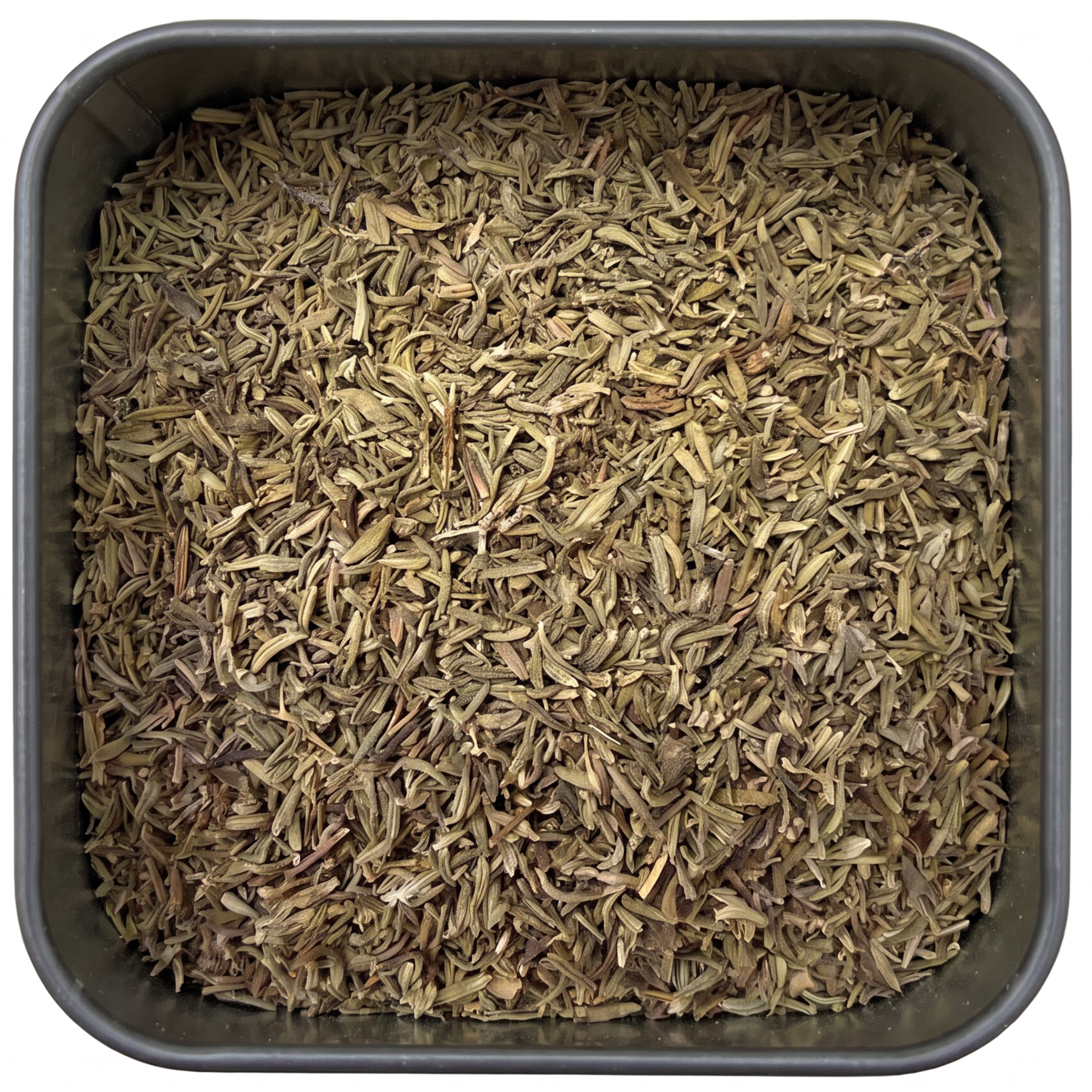 Thymian, getrocknete grün-braune Blättchen und feine Zweigstücke, in schwarzer Gewürzdose, würzig-herb.