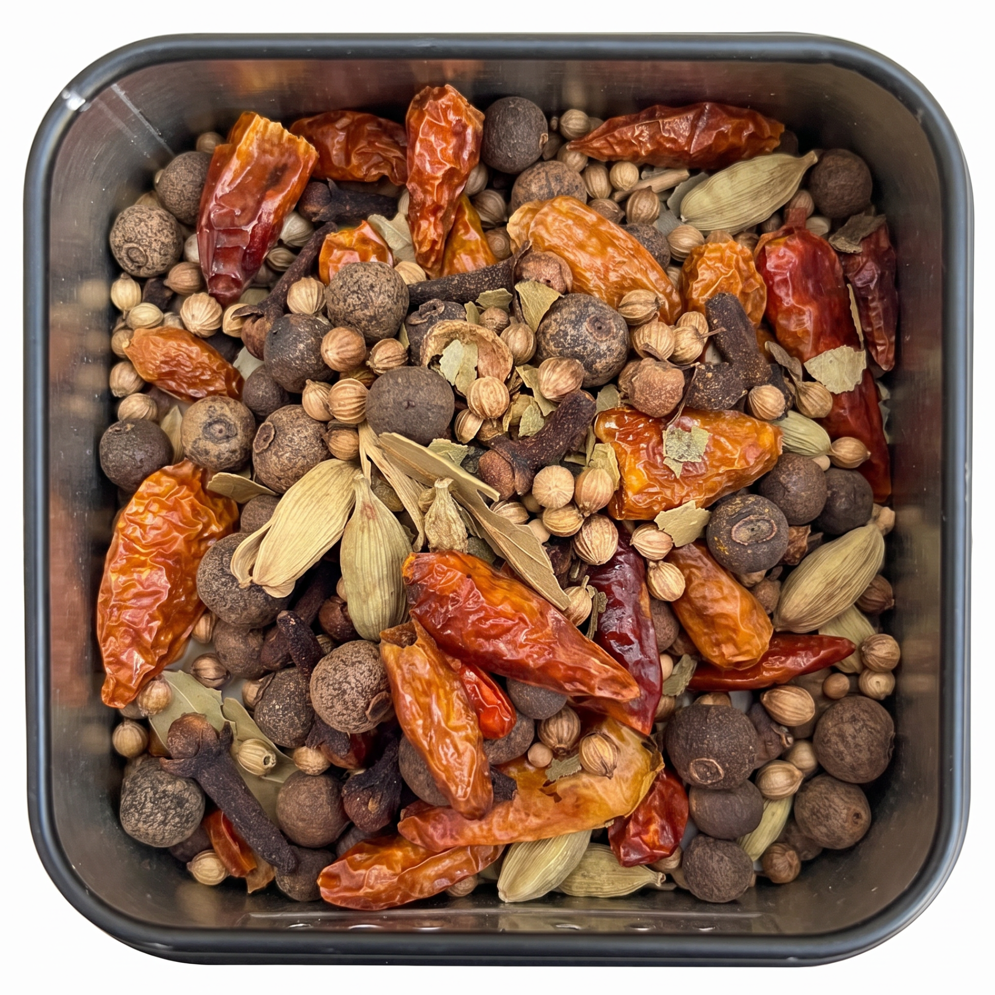 Garam Masala ganz, mit Chilischoten, Kardamomkapseln und Piment, in schwarzer Gewürzdose.