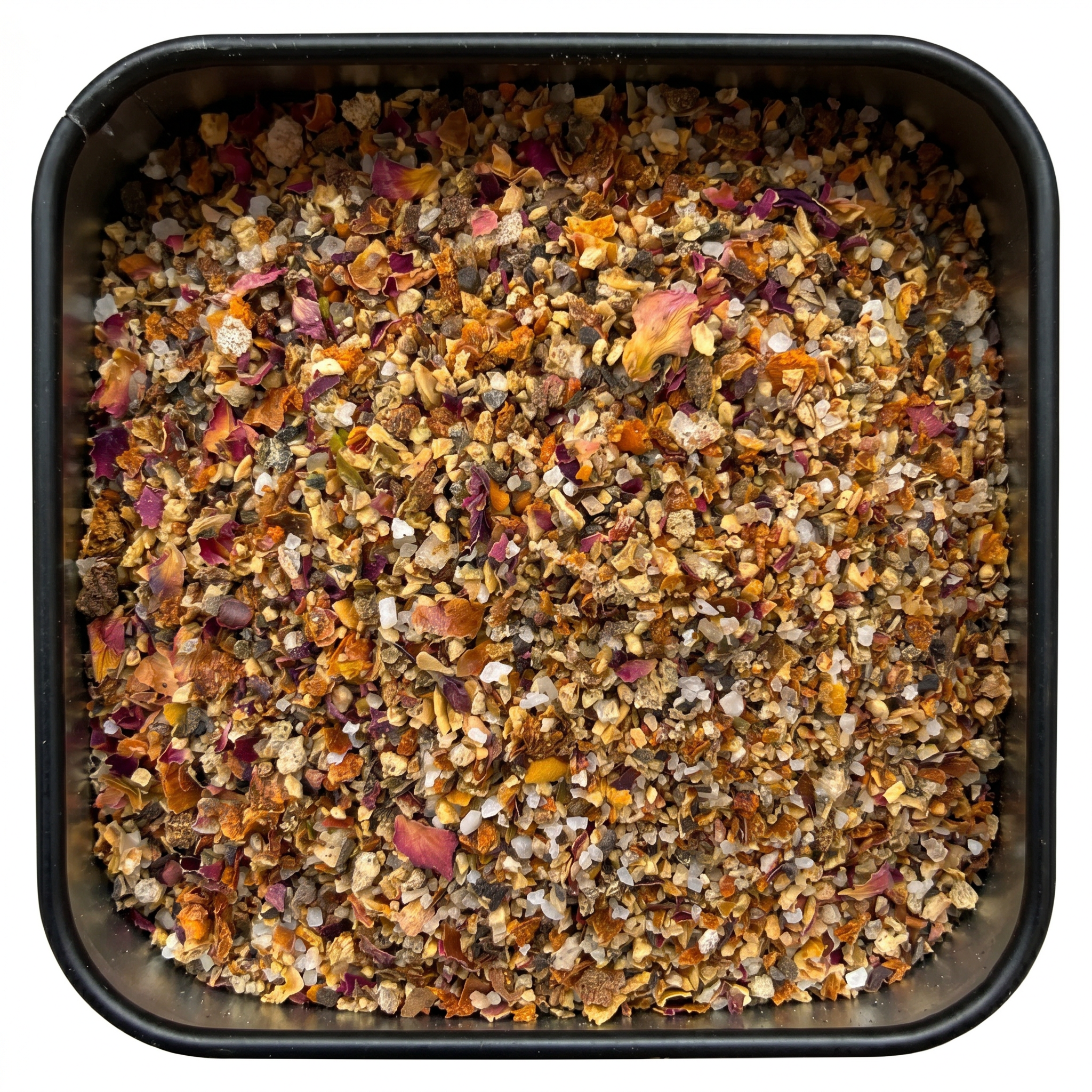 Chefins Allroundgewürz mit Rosenblüten, Salzkristallen und Chili, würzig-floral, in schwarzer Dose