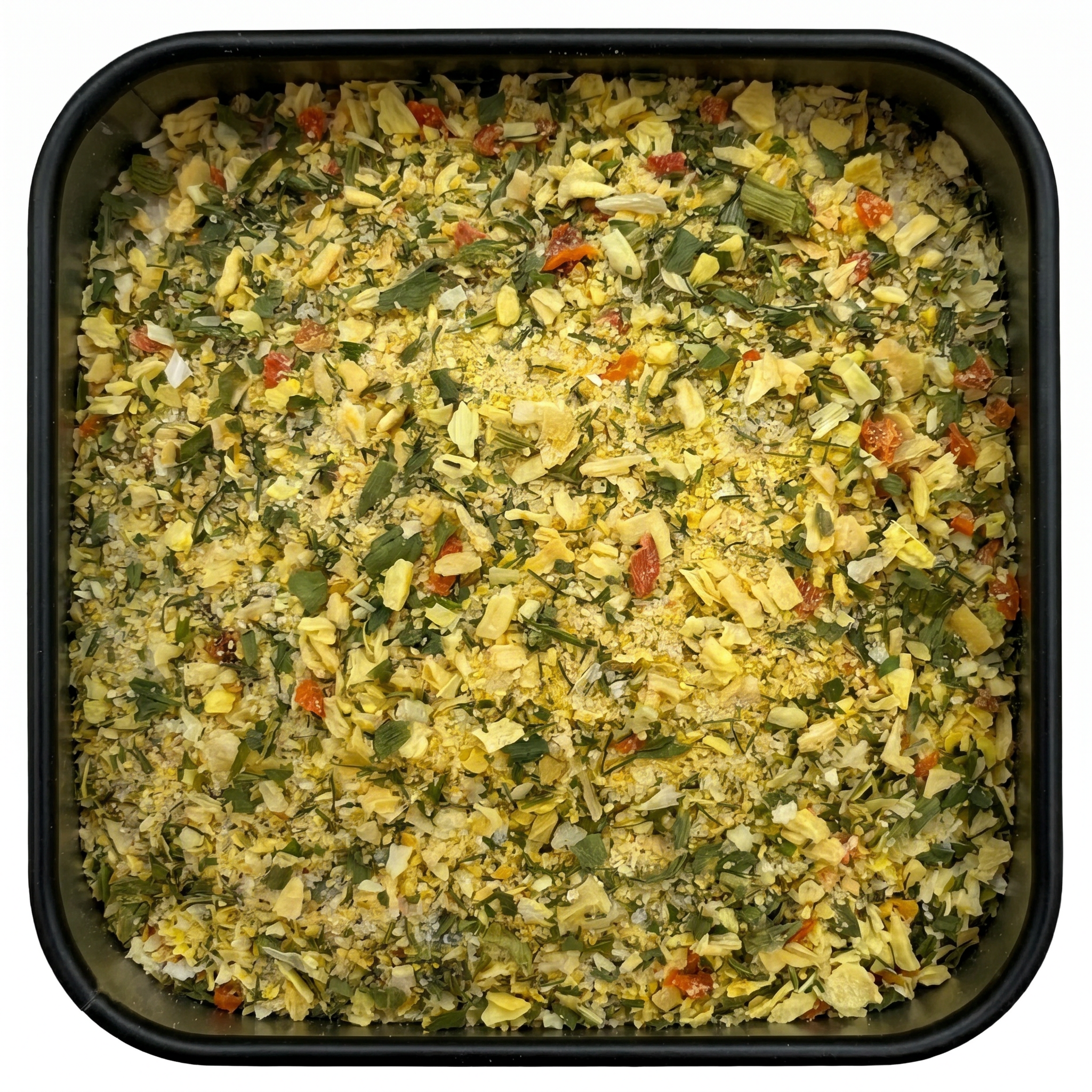 Salatgewürzmischung, grün-gelb mit Petersilie, Dill und Zwiebelflocken, in schwarzer Gewürzdose