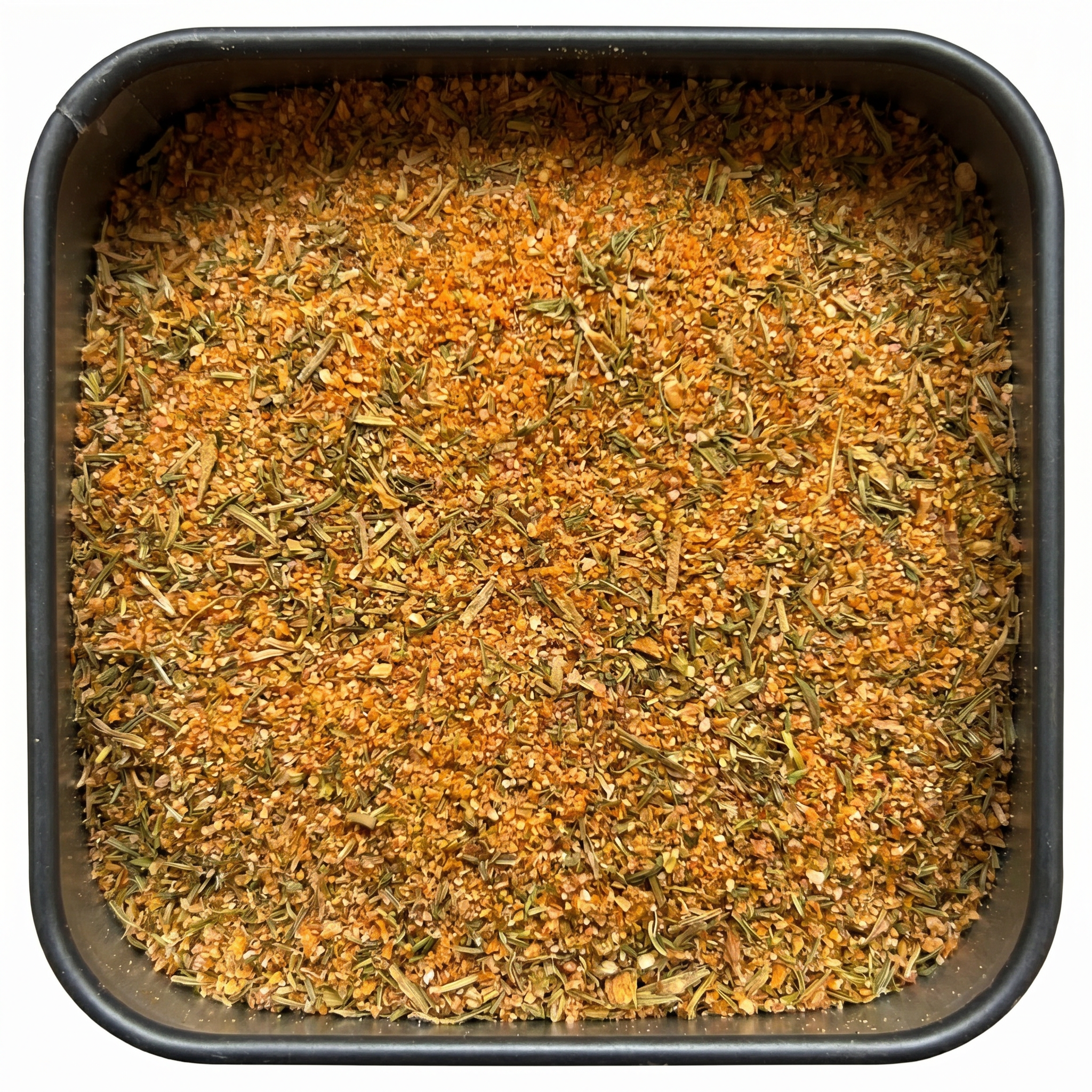 Fisch Rub, orange-grüne Gewürzmischung mit Dill und Thymian, in schwarzer Gewürzdose, würzig-frisch