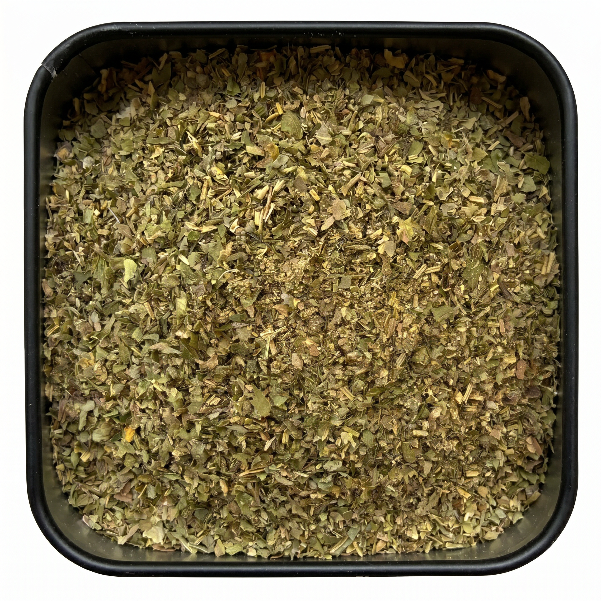 Griechischer Kräutermix, grün mit Oregano, Basilikum und Thymian, in schwarzer Gewürzdose, mediterran