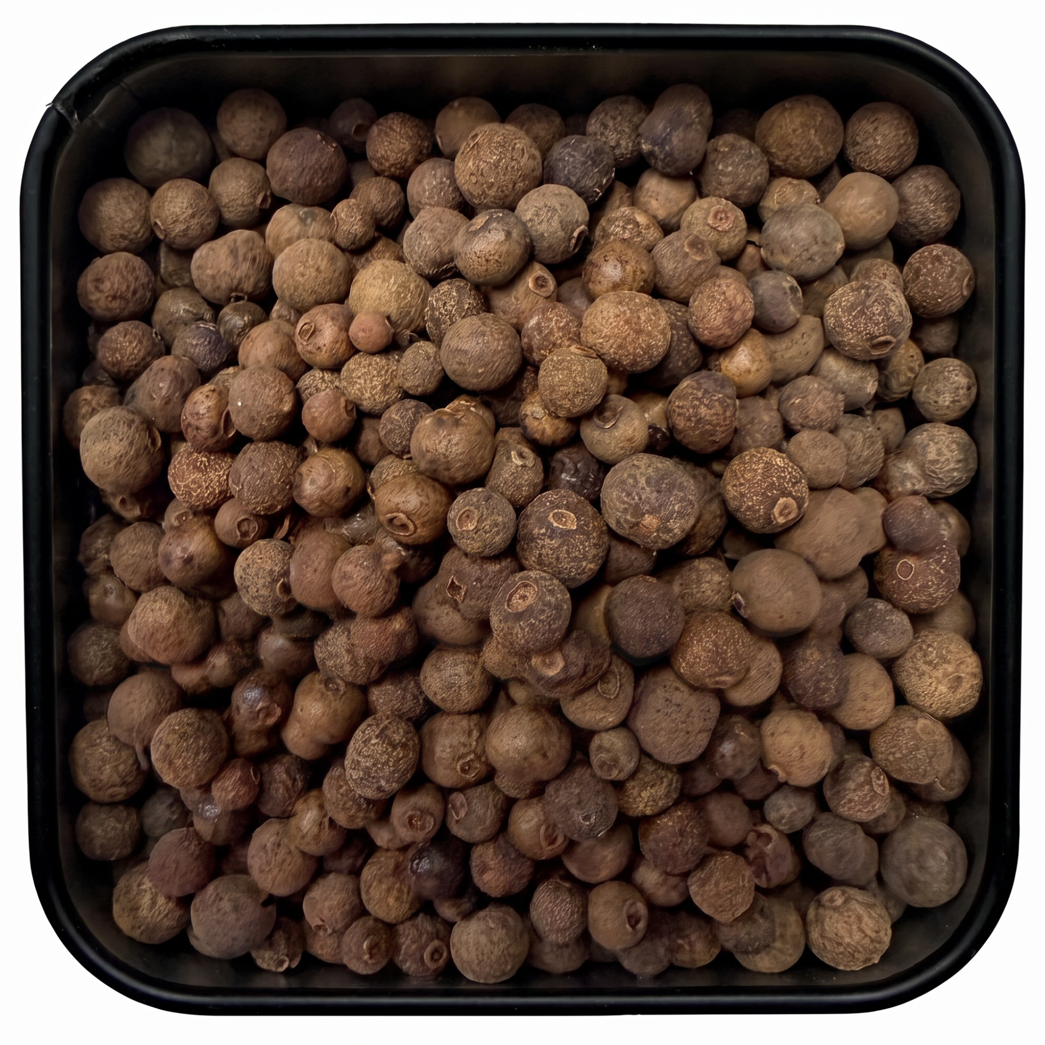 Piment ganz, runde rotbraune Beeren mit rauer strukturierter Oberfläche, in schwarzer Gewürzdose, warm-würzig.