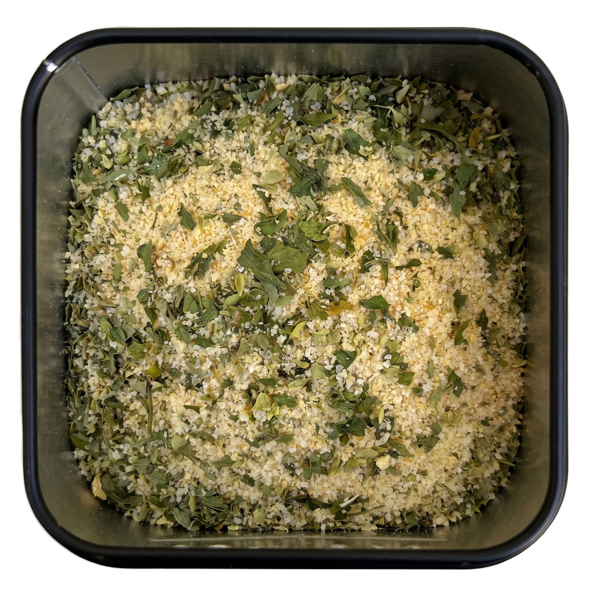 Tsatsiki-Gewürzmischung, grün mit Knoblauchgranulat und Petersilie, in schwarzer Gewürzdose.