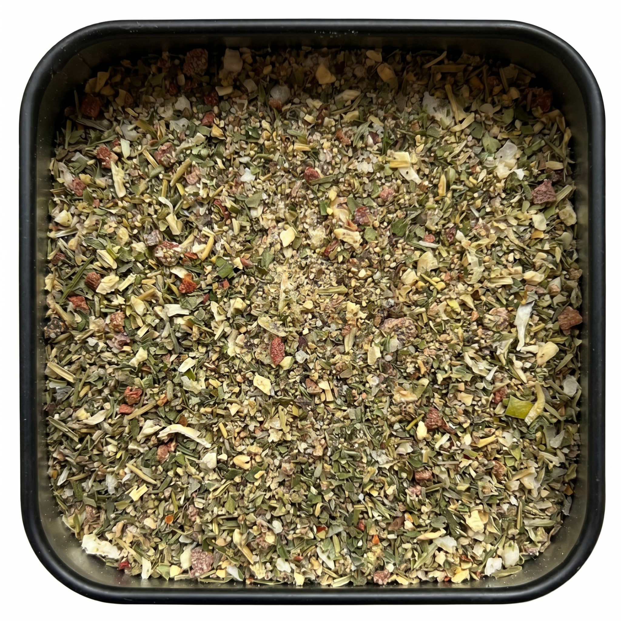Gyros-Gewürzmischung, grün mit Knoblauchstückchen und Paprika, in schwarzer Gewürzdose, kräftig-würzig