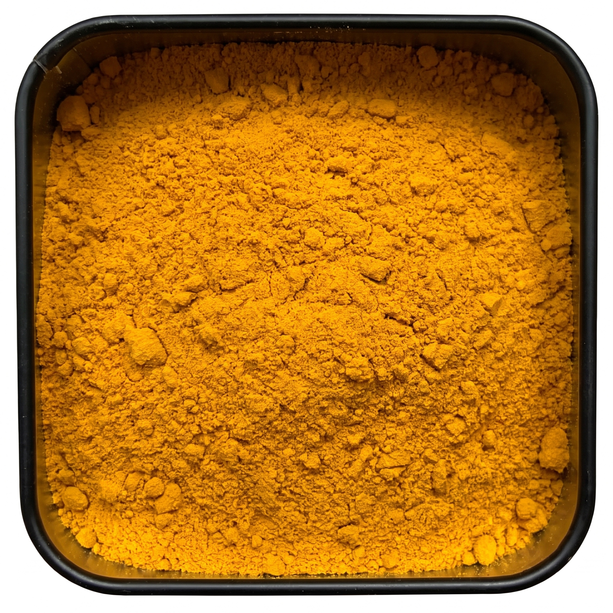 Kurkuma gemahlen, leuchtend gelb-oranges feines Pulver, in schwarzer Gewürzdose, mild-erdig würzi.