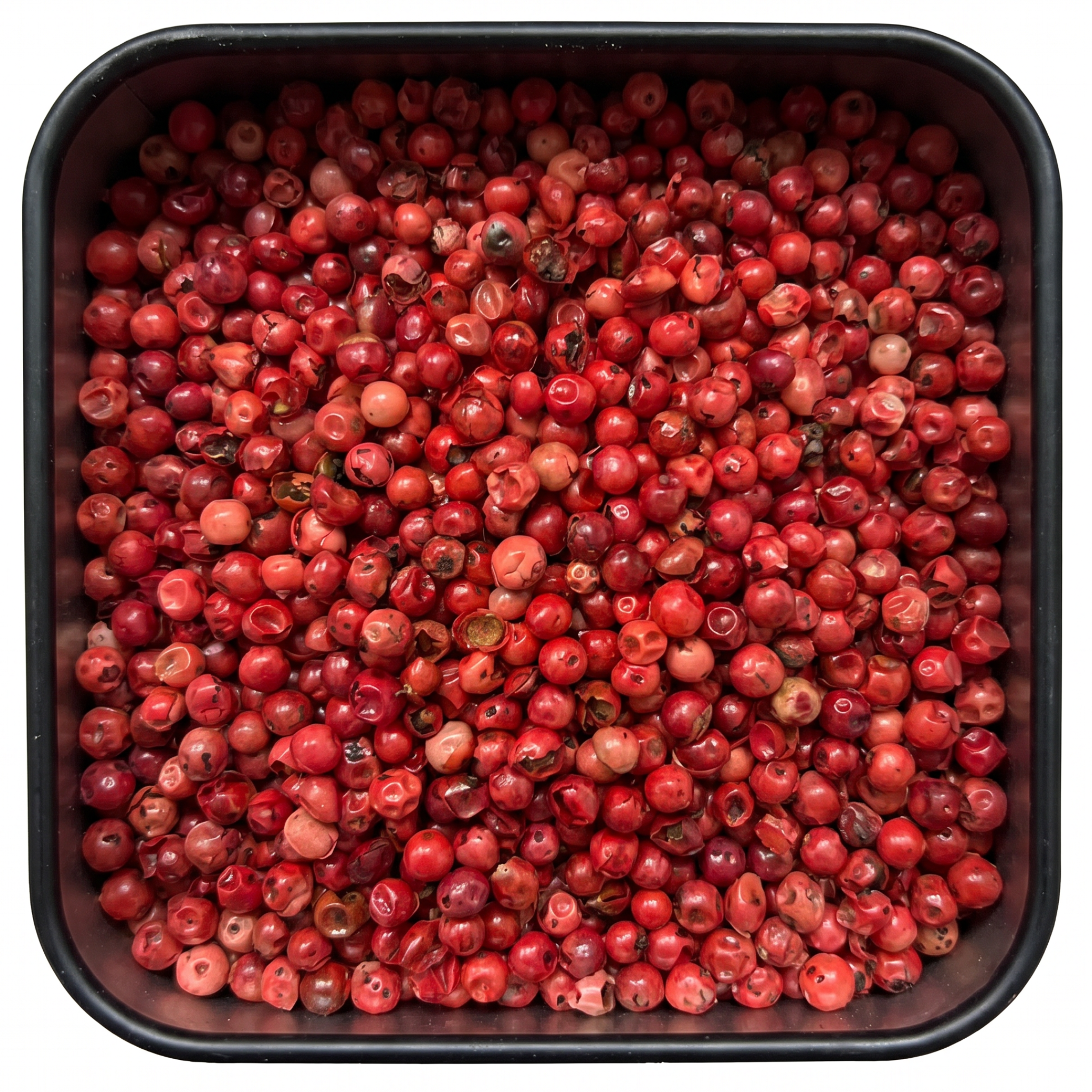 Rosa Pfeffer, ganze rosarote bis rote Beeren mit glänzender Schale, in schwarzer Gewürzdose, mild-fruchtig