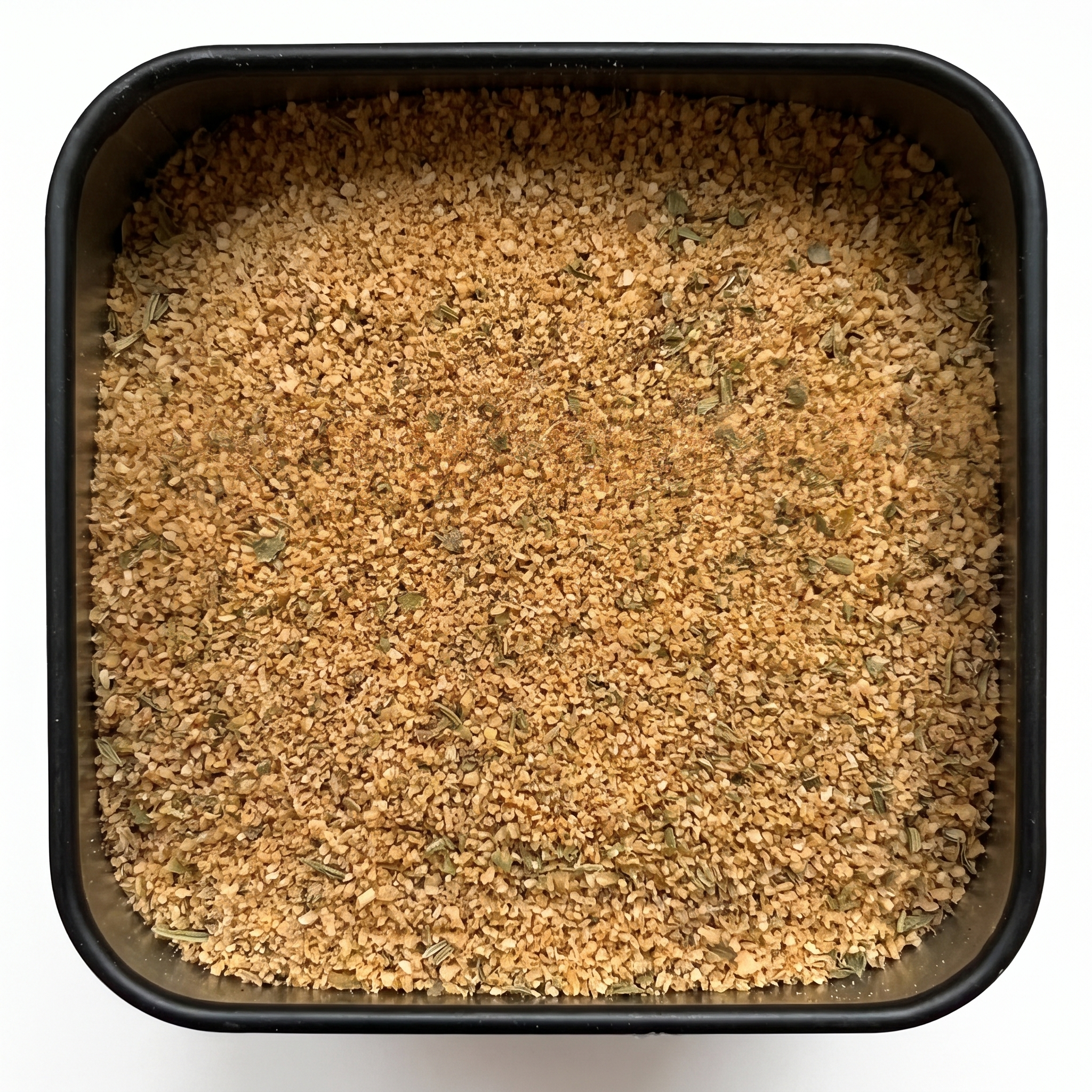 Hackfleisch-Gewürzmischung, beige-braun mit Paniermehl und Majoranblättern, in schwarzer Gewürzdose