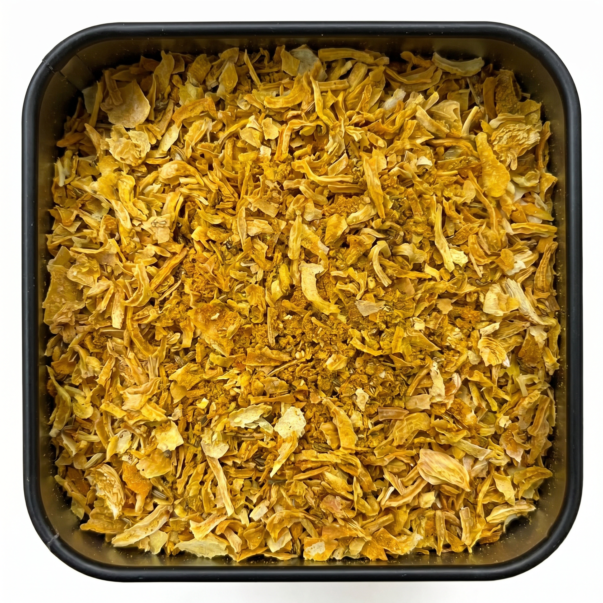 Reis & Nudeln-Gewürzmischung, gelb-orange mit Zwiebelflocken und Kurkuma, in schwarzer Gewürzdose.