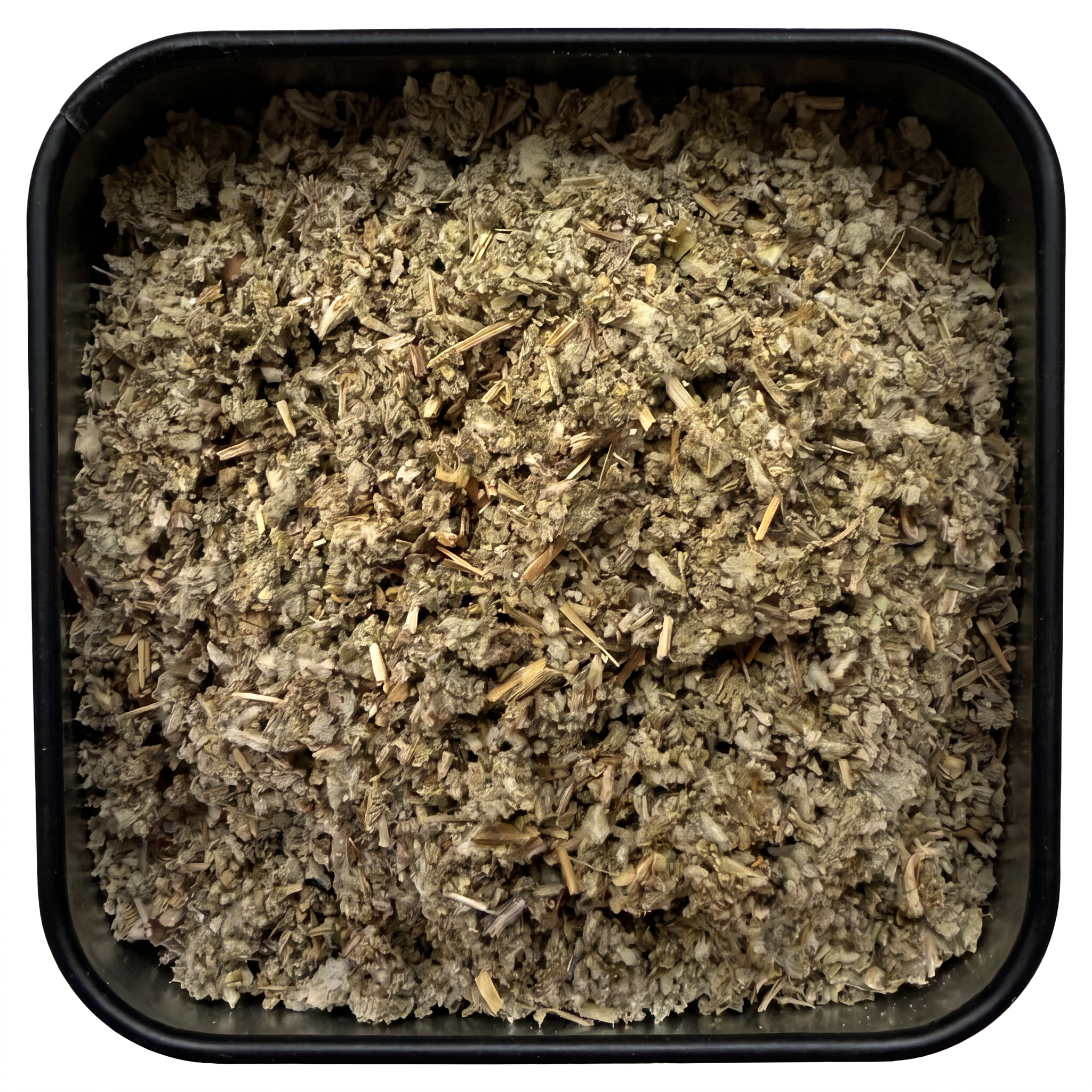 Salbei geschnitten, graugrüne getrocknete Blattstücke mit hellen Stängelteilen, in schwarzer Gewürzdose, würzig-herb.