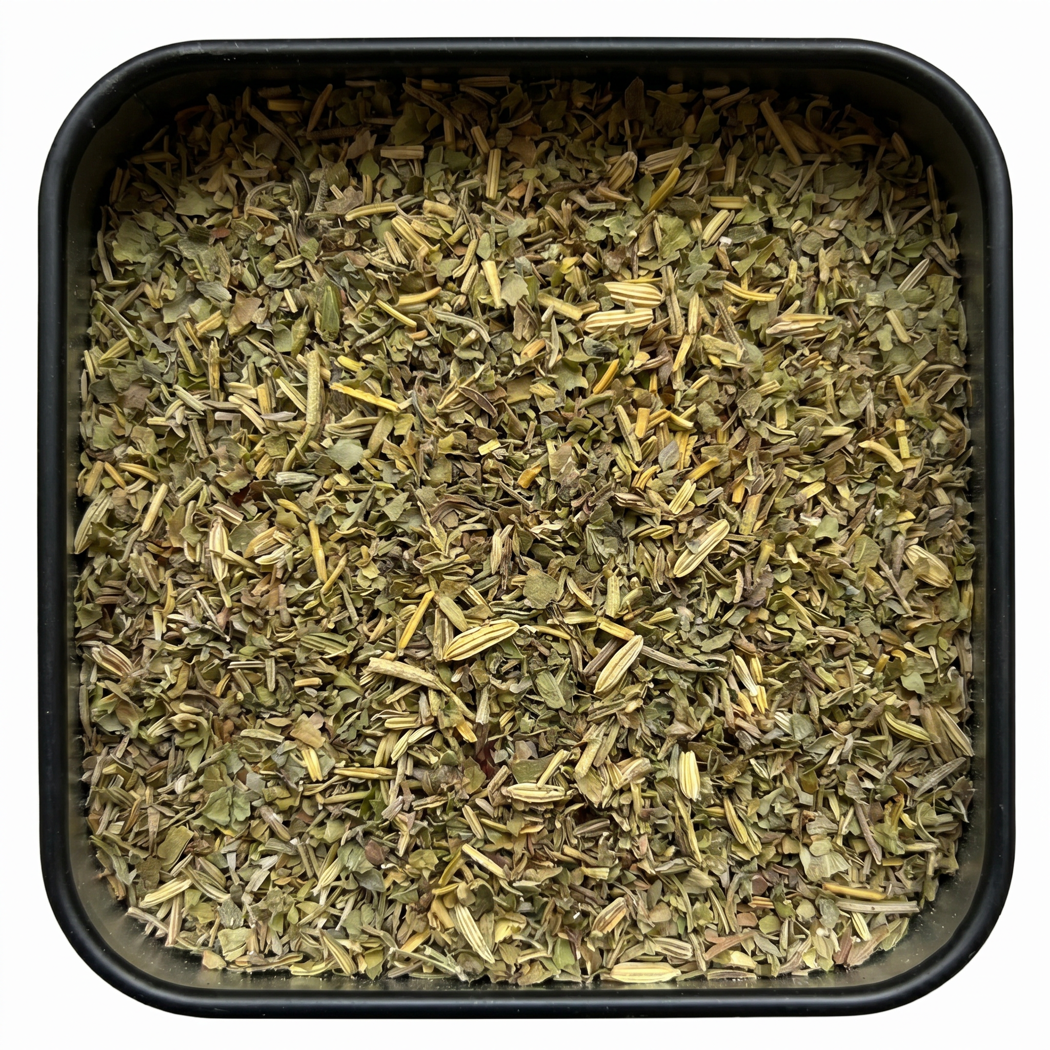 Herbes de Provence, grün mit Fenchelsamen, Rosmarin und Thymian, in schwarzer Gewürzdose, mediterran