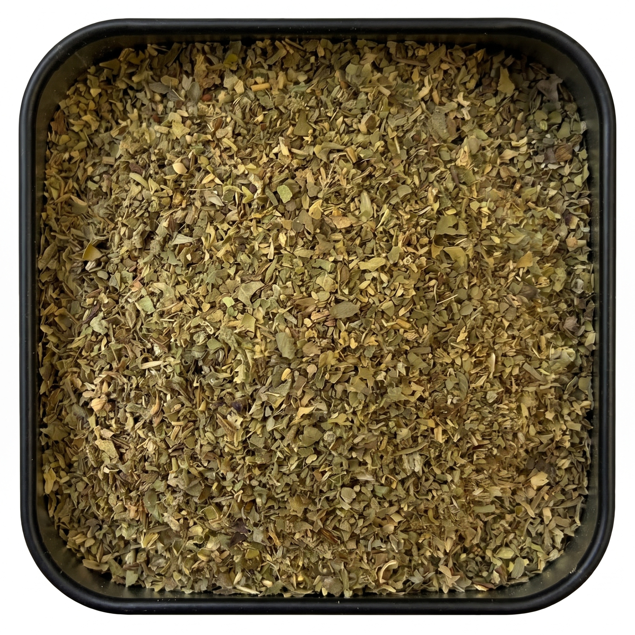 Italienische Kräuter, grün-braune Mischung aus Oregano, Basilikum und Majoran, in schwarzer Dose
