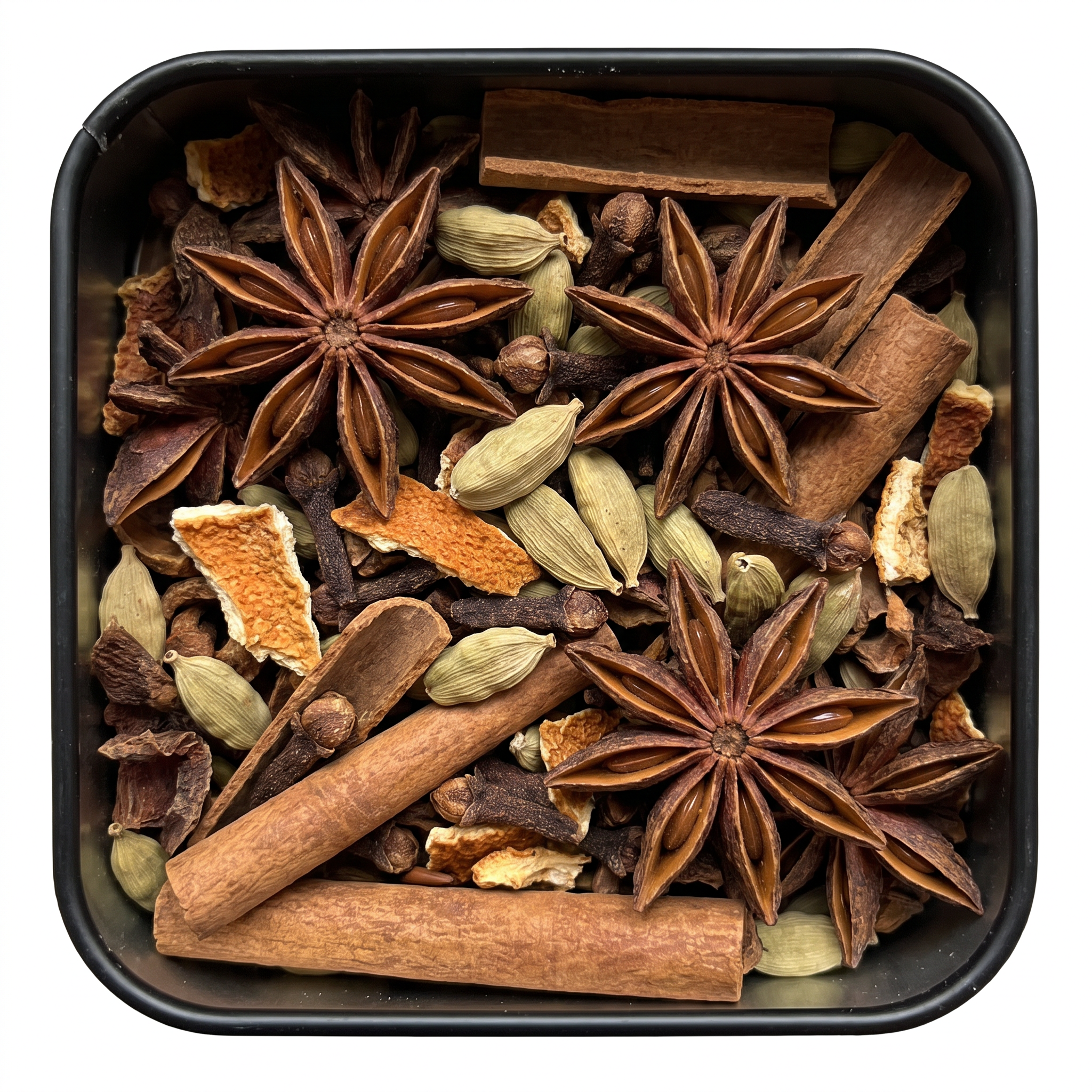 Äppelwoi-Gewürzmischung: Sternanis, Zimtstangen, grüner Kardamom und Nelken in schwarzer Dose, winterliches Aroma