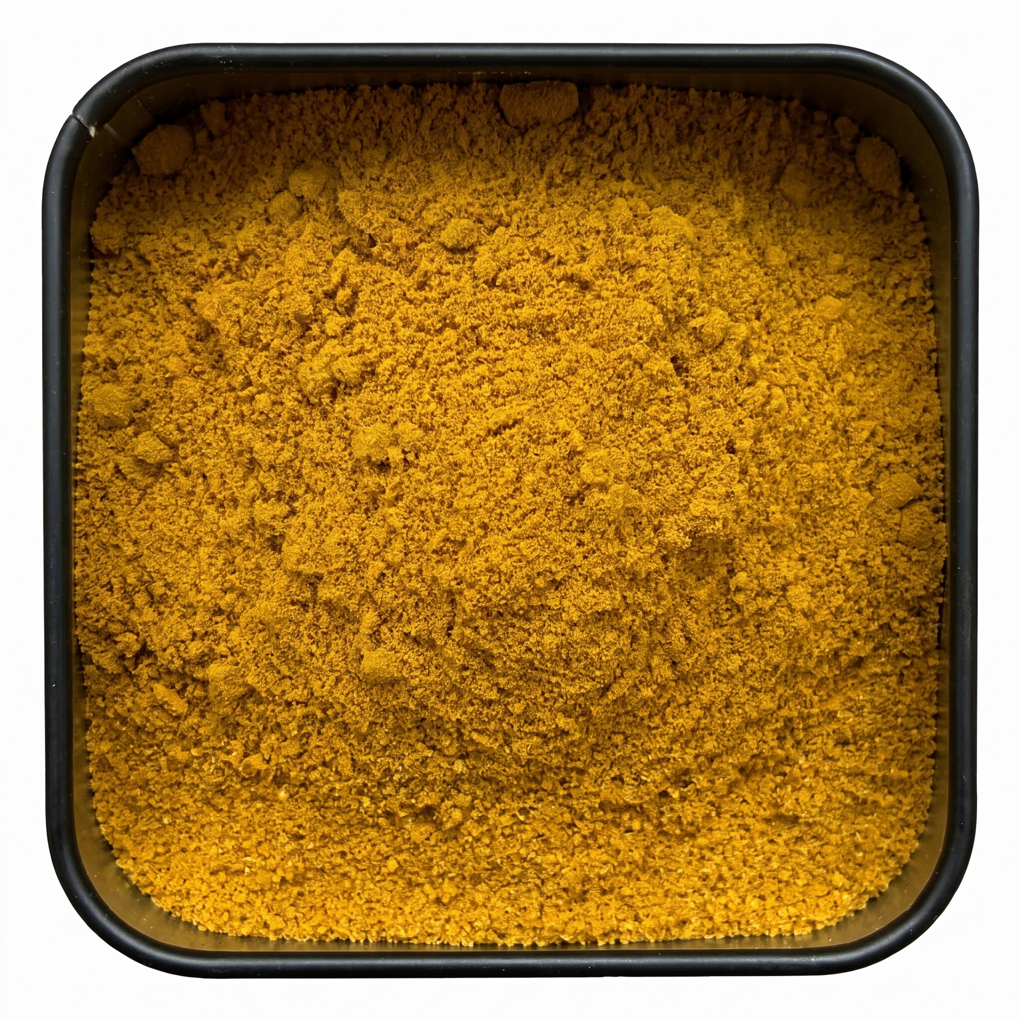Lalah's Madras Curry, kräftig-gelbes Currypulver, in schwarzer Gewürzdose, würzig-scharfes Aroma
