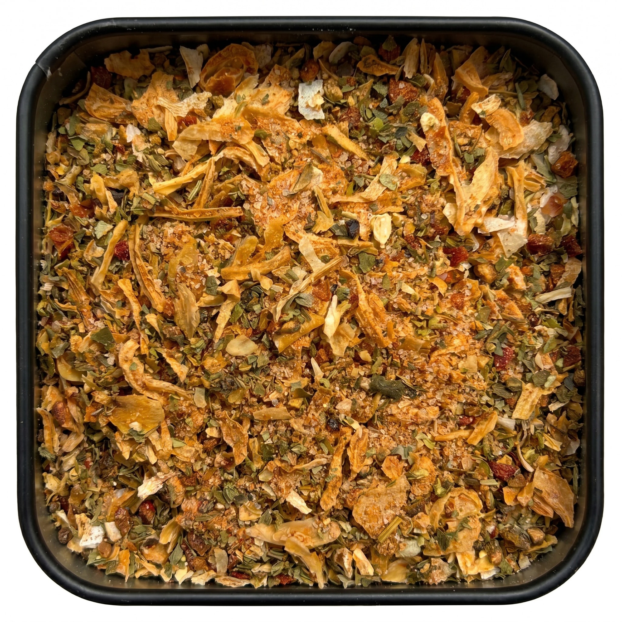 Bratkartoffel-Gewürzmischung: Zwiebeln, Kräuter, Paprika in schwarzer Dose.