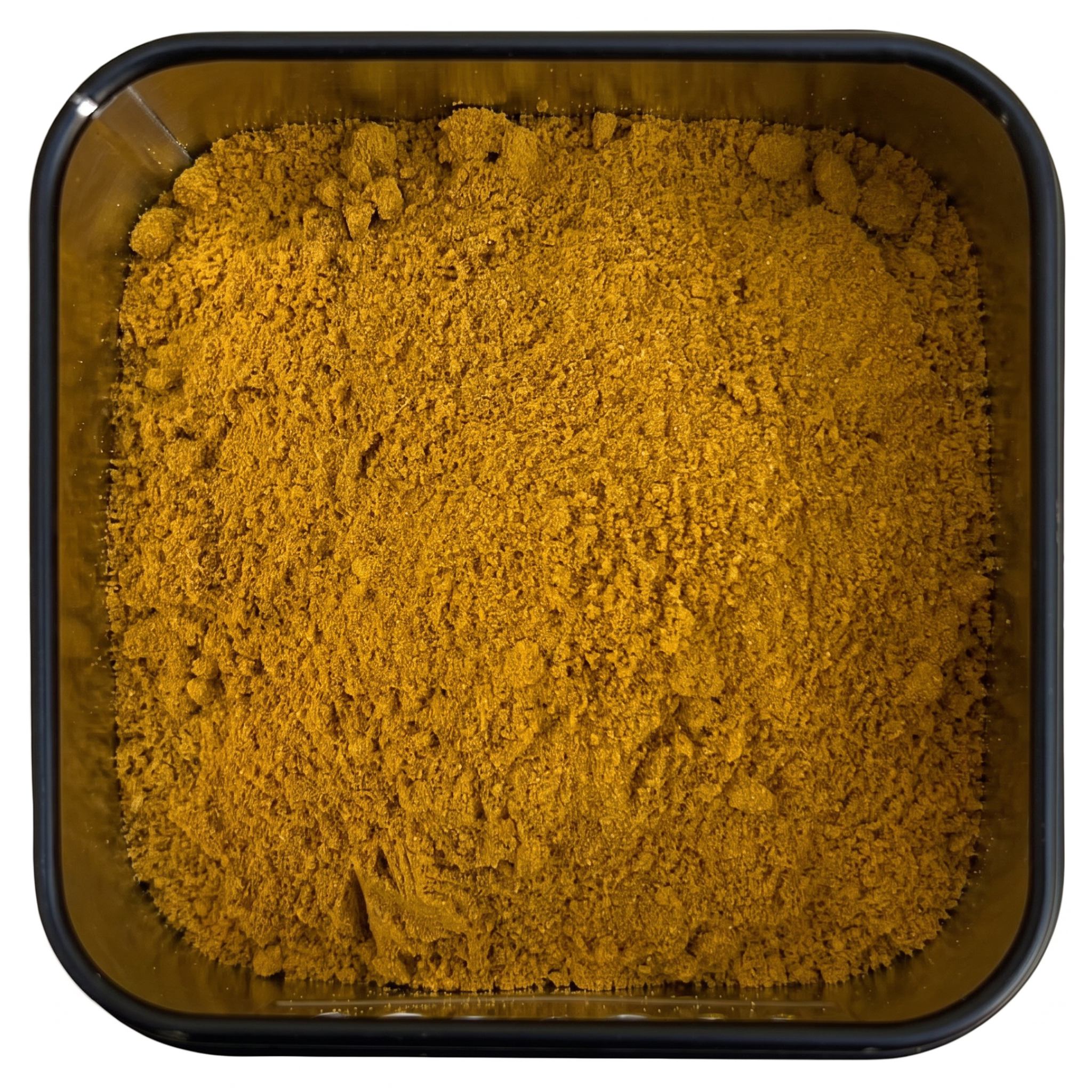 Couscous Ras el Hanout, kräftig gelb-oranges Currypulver, in schwarzer Gewürzdose, orientalisch-würzig.