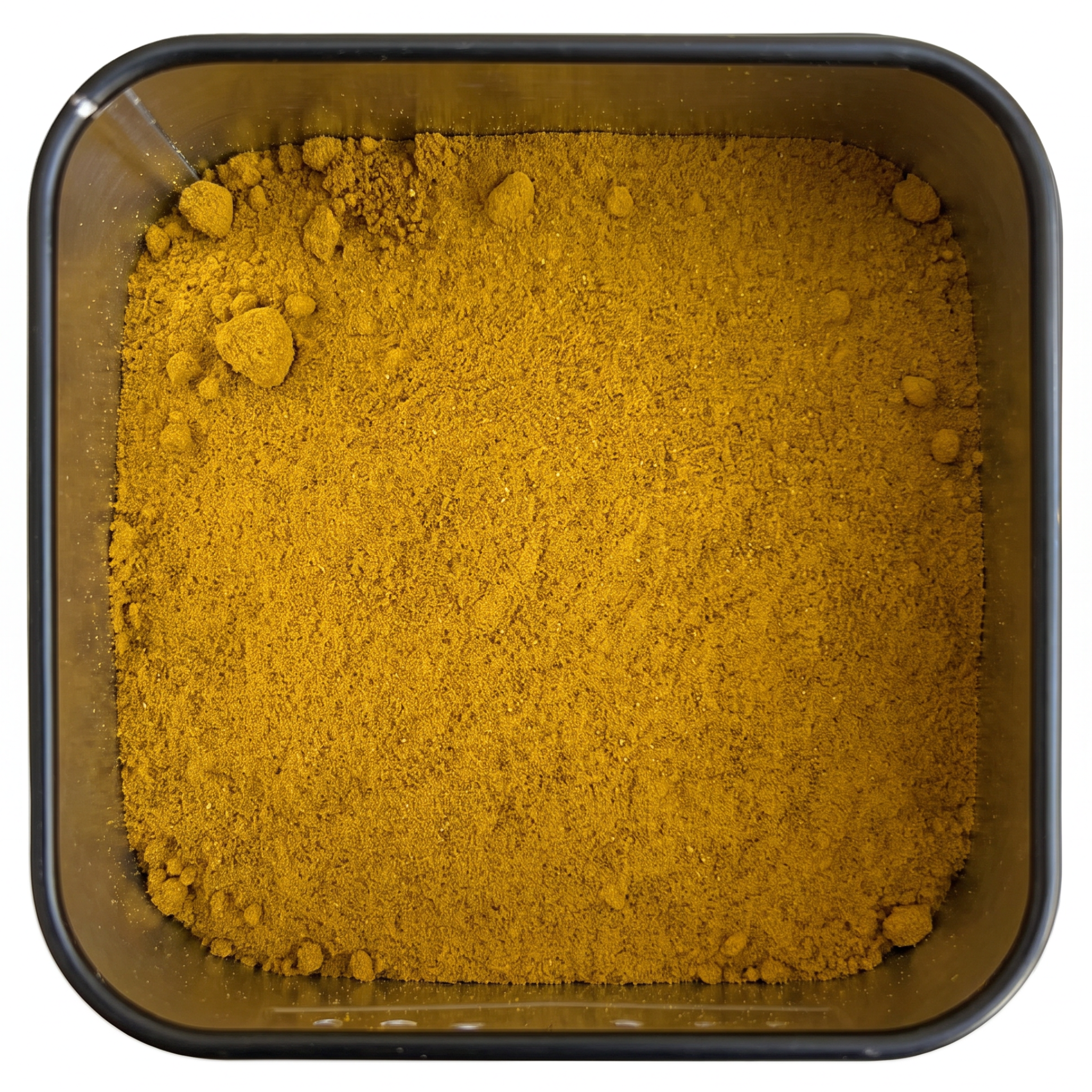Goldene-Milch-Gewürzmischung, kräftig gelb-oranges Kurkumapulver, in schwarzer Gewürzdose, würzig-wärmend