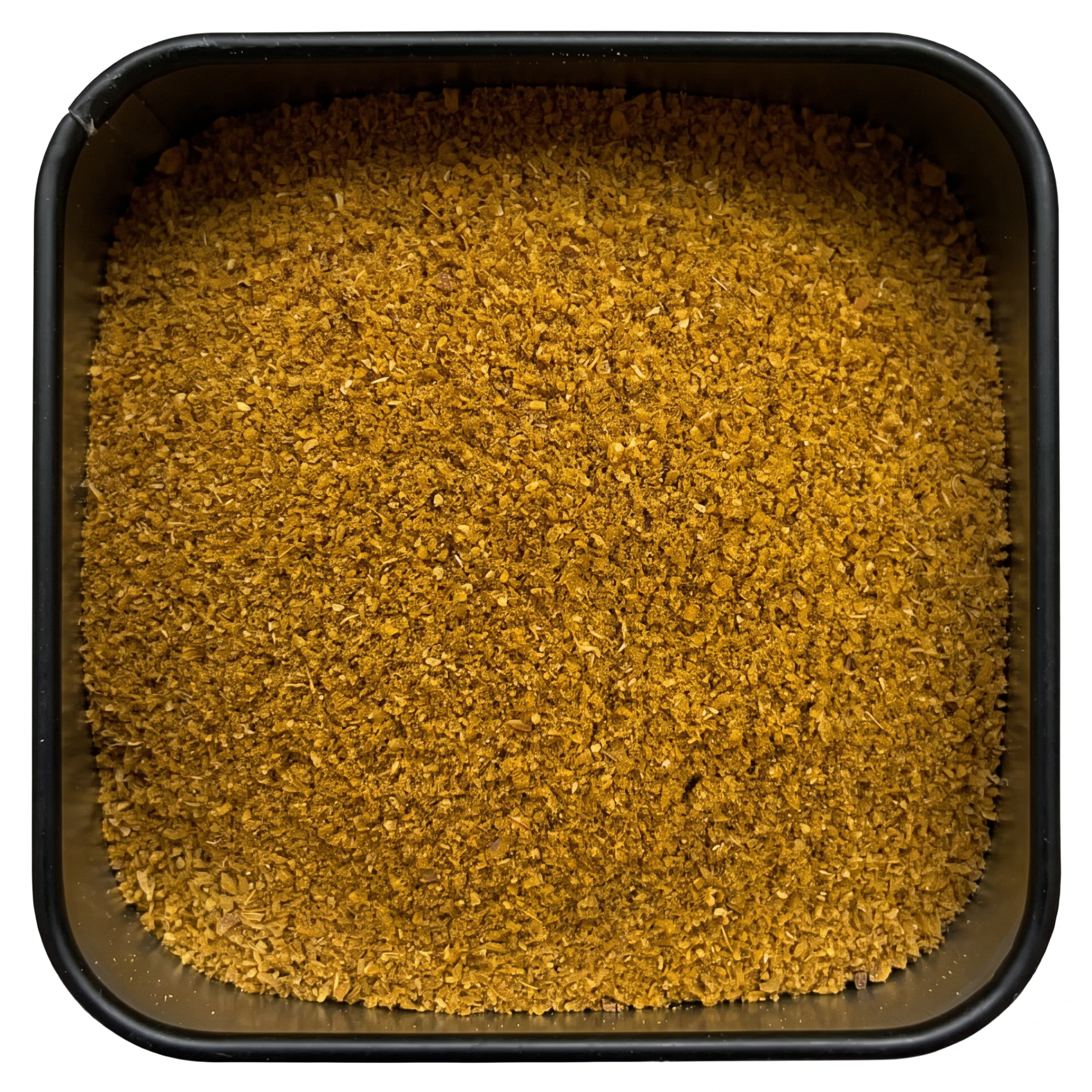 Indisches Reismasala, kräftig gelb-oranges Gewürzpulver, in schwarzer Gewürzdose, warm-würziges Aroma