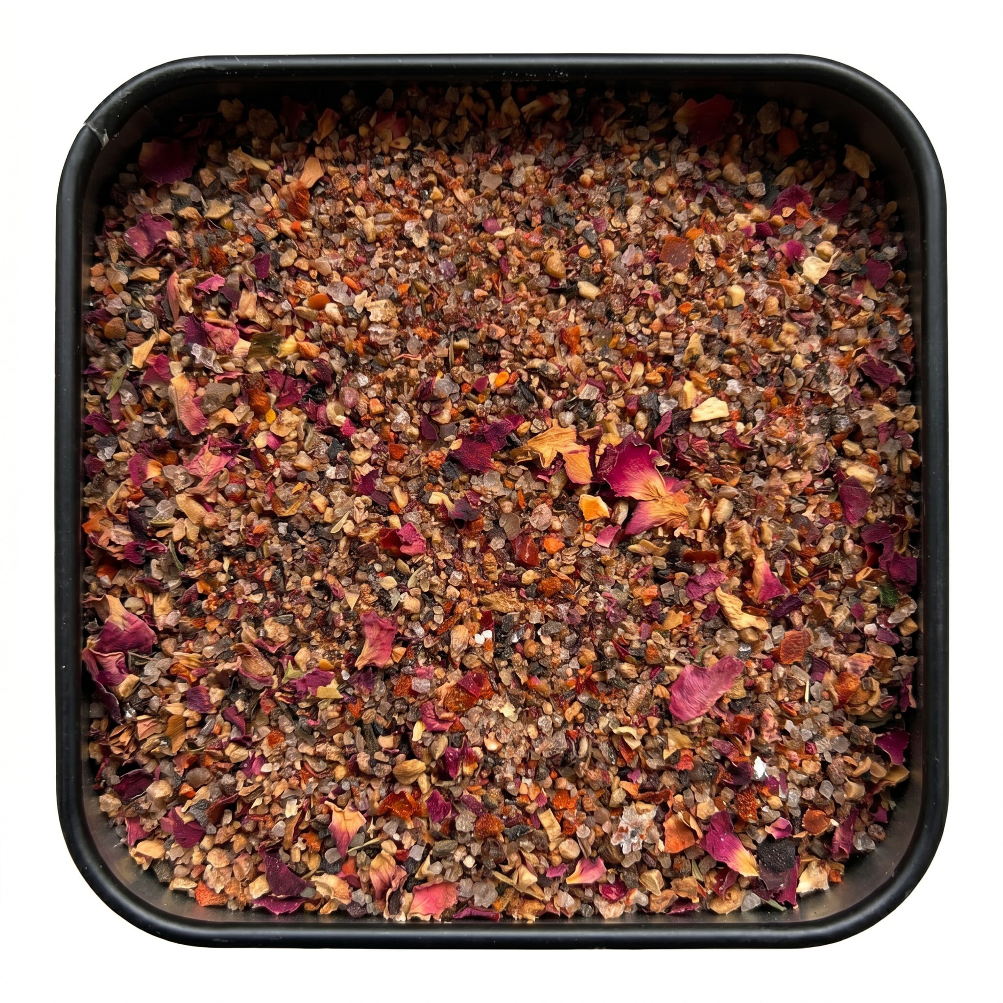 Melange Rouge, würzige Finishing-Salzmischung mit Rosenblütenblättern und Pfeffer, in schwarzer Dose