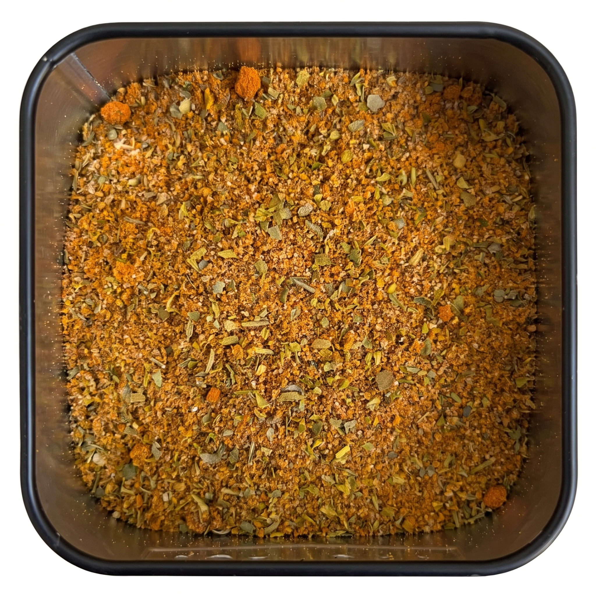Würzzauber-Gewürzmischung, orange-braun mit grünen Kräuterflocken und Paprika, in schwarzer Gewürzdose