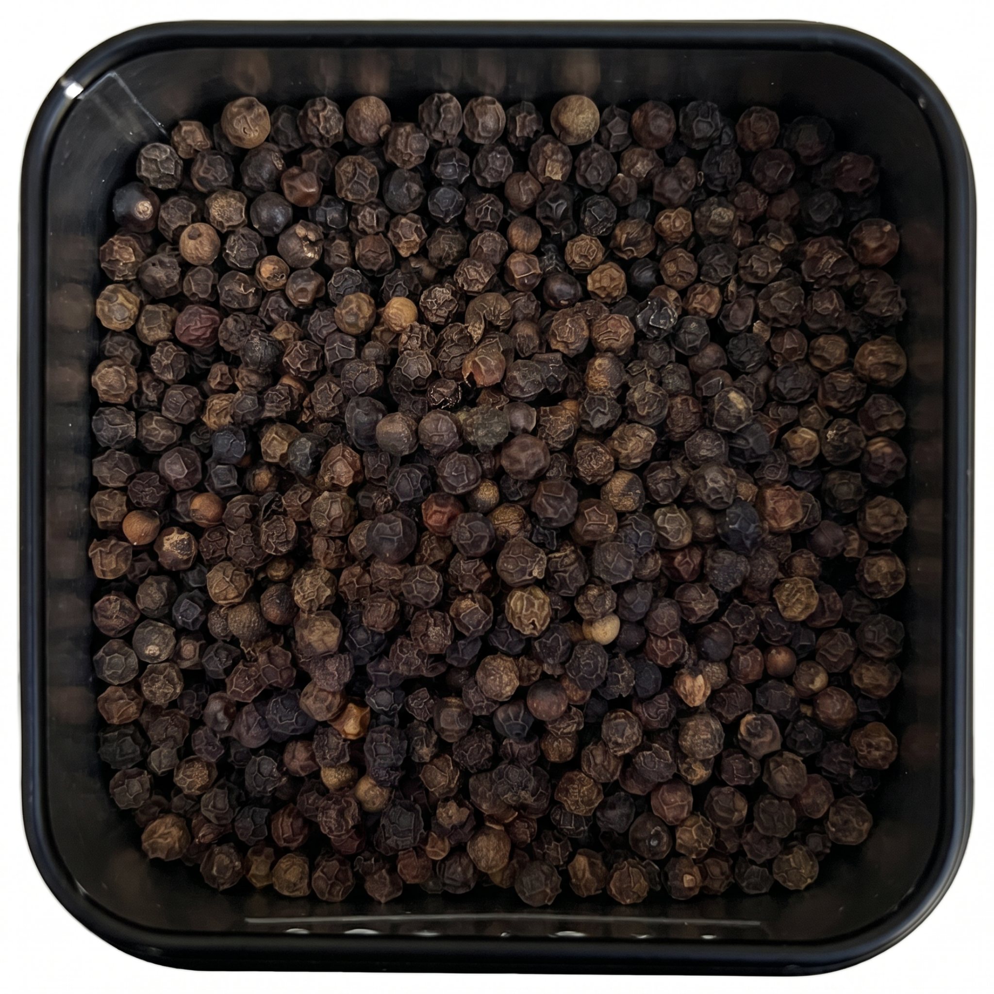 Tellicherry Malabar Pfeffer, ganze dunkelbraune bis schwarze Pfefferkörner, in schwarzer Gewürzdose, kräftig-würzig.
