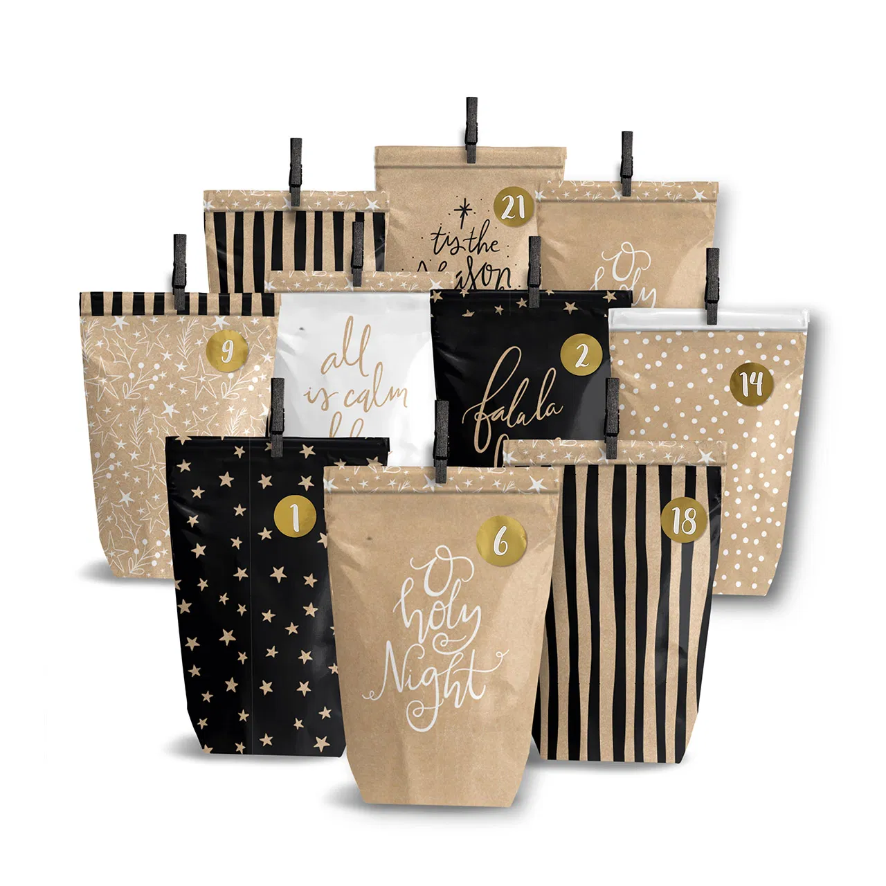 Adventskalender Papiertütchen zum Selbstbefüllen mit Klammern und Zahlenstickern Adventskalender Papiertütchen zum Selbstbefüllen mit Klammern und Zahlenstickern
