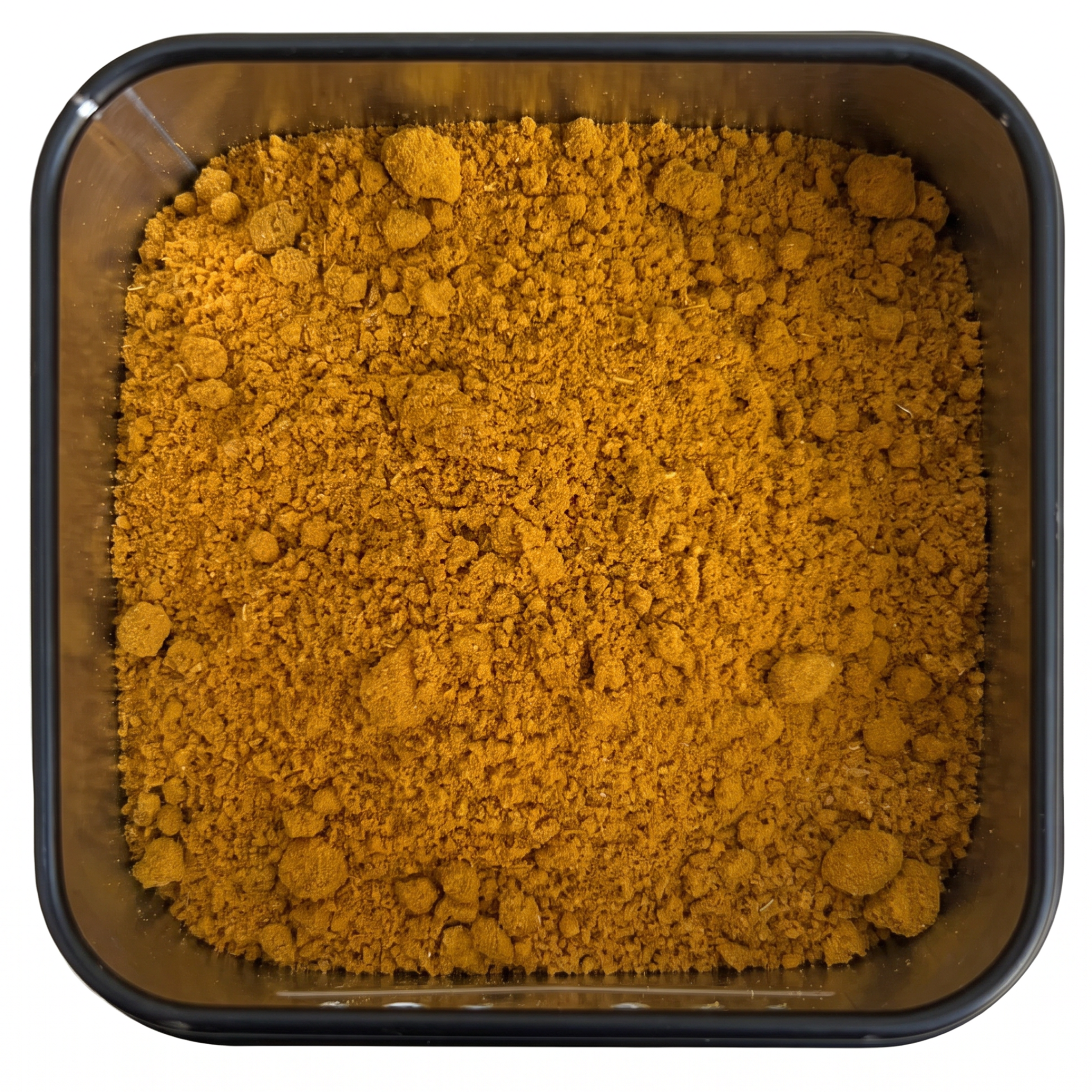 Geflügelgewürz, kräftig gelb-oranges Currypulver, in schwarzer Gewürzdose, würzig-goldenes Aroma