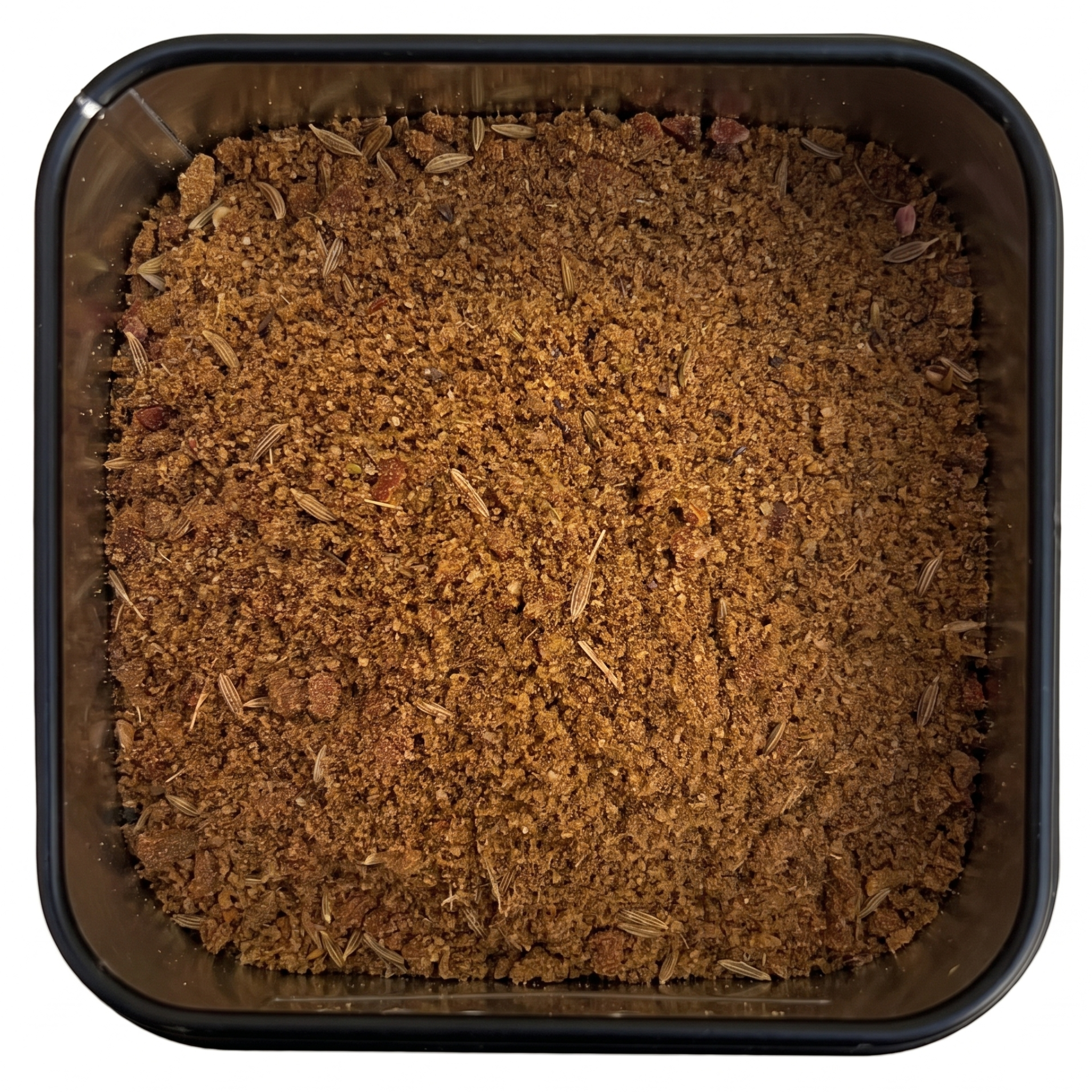 Baharat, kräftig braunes Gewürzpulver mit Fenchelsamen, in schwarzer Gewürzdose, warm-würziges Aroma