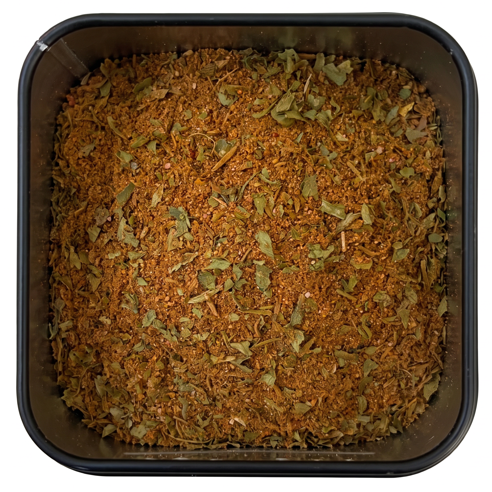 Gentle Queen Marinadengewürz, orange-braun mit grünen Petersilien- und Thymianblättern, in schwarzer Dose