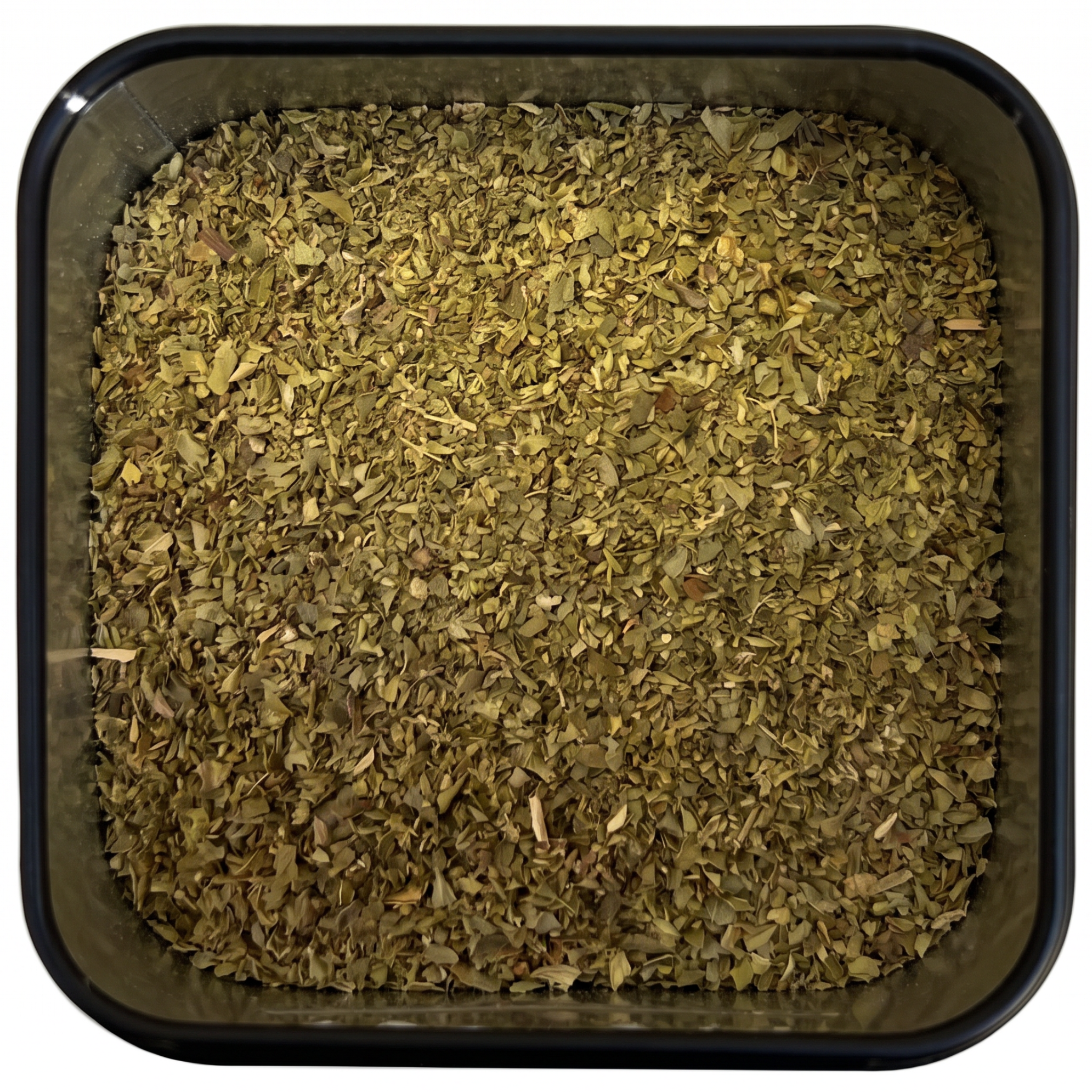 Oregano, grün-braunes getrocknetes Blattgut, fein geschnitten, in schwarzer Gewürzdose, würzig-herb.