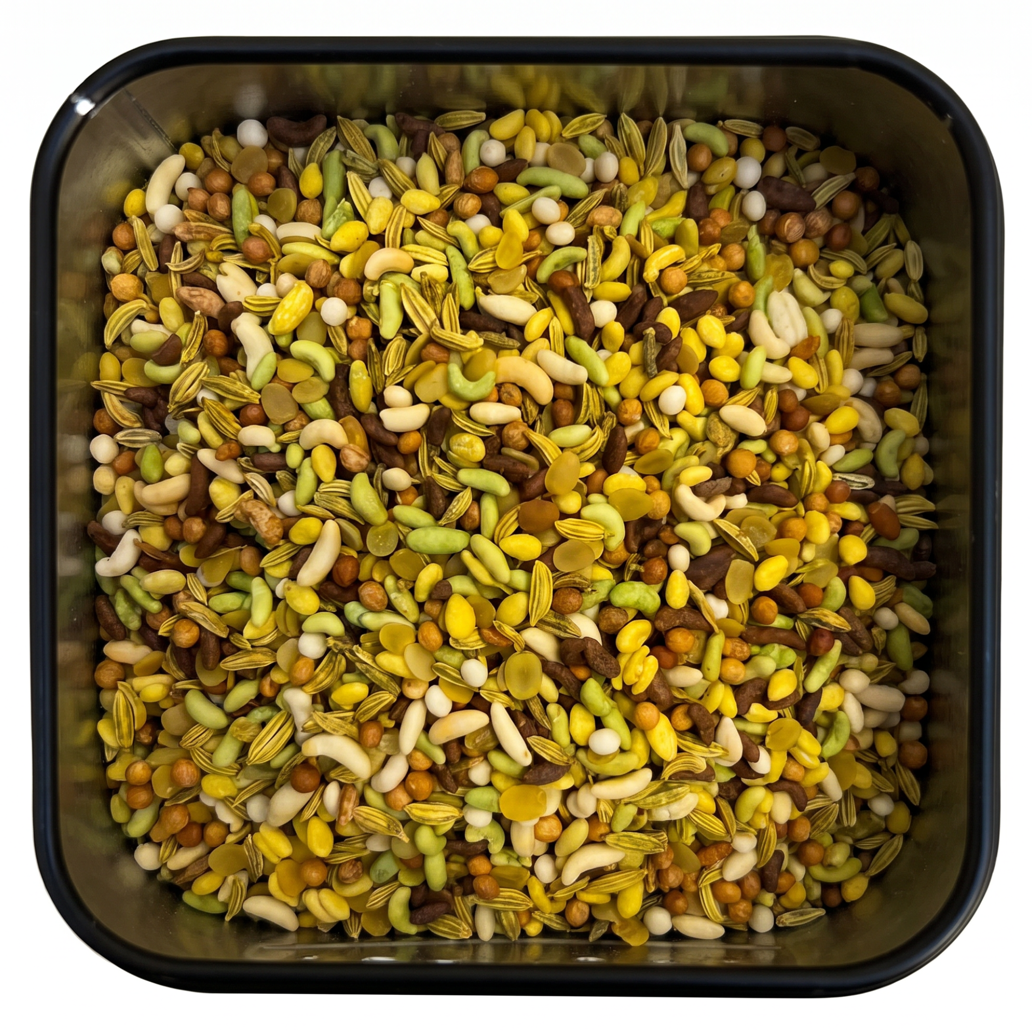 Pan Mukhwas, bunte Samenmischung aus Fenchel, Koriander und Zucker in Gelb-Grün-Braun, in Dose