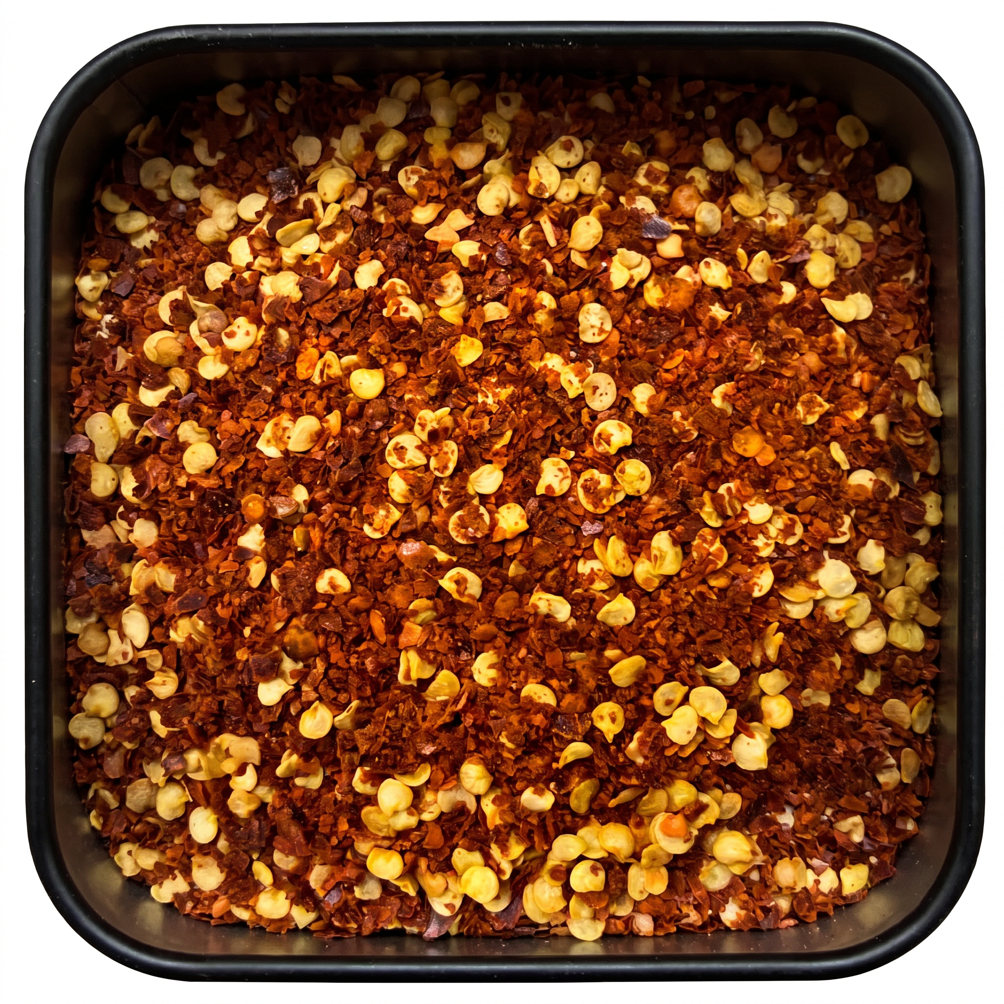 Peperoncino Chili Crushed, grobe rotbraune Chiliflocken mit hellen Samenkörnern, in schwarzer Gewürzdose, scharf-würzig.