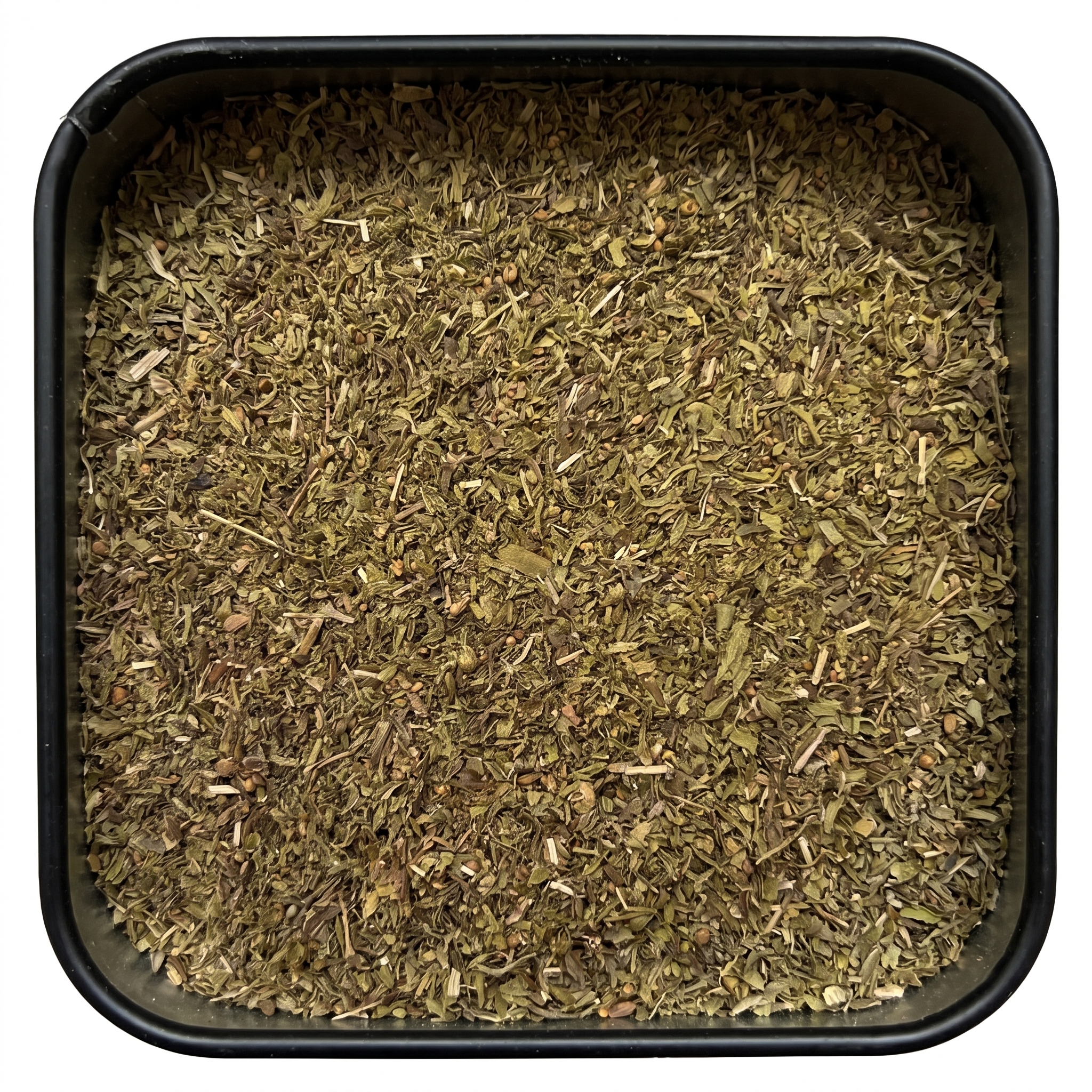 Bohnenkraut, grün-braune getrocknete Blattstücke mit kleinen hellen Samenkörnern, in schwarzer Gewürzdose, würzig-herb.